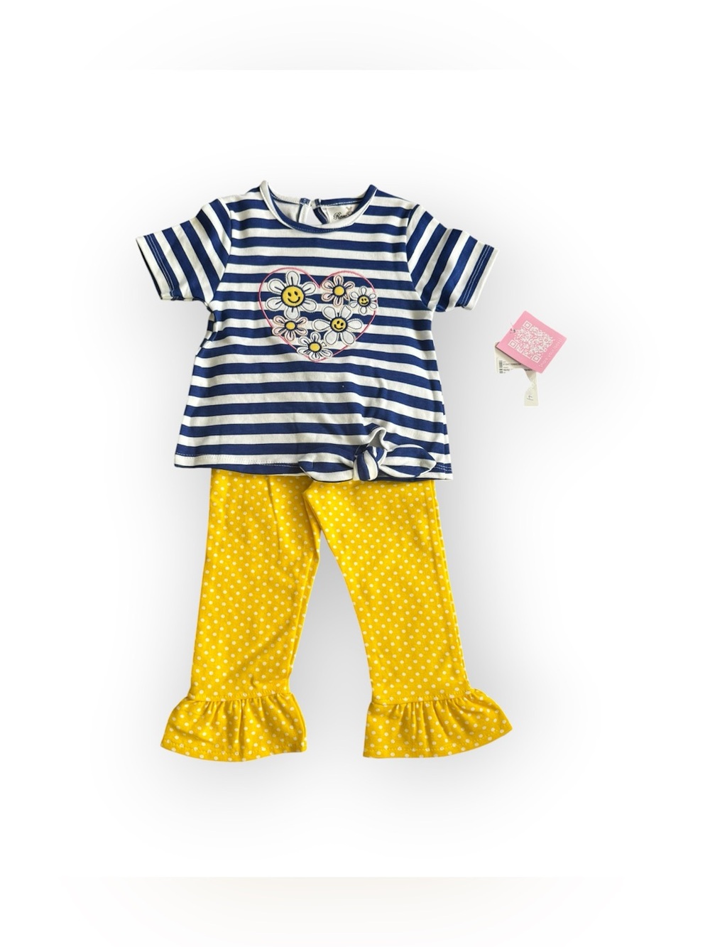 NWT Rare Editions Striped Navy & White Top with Yellow Polka Dot Ruffle Pants